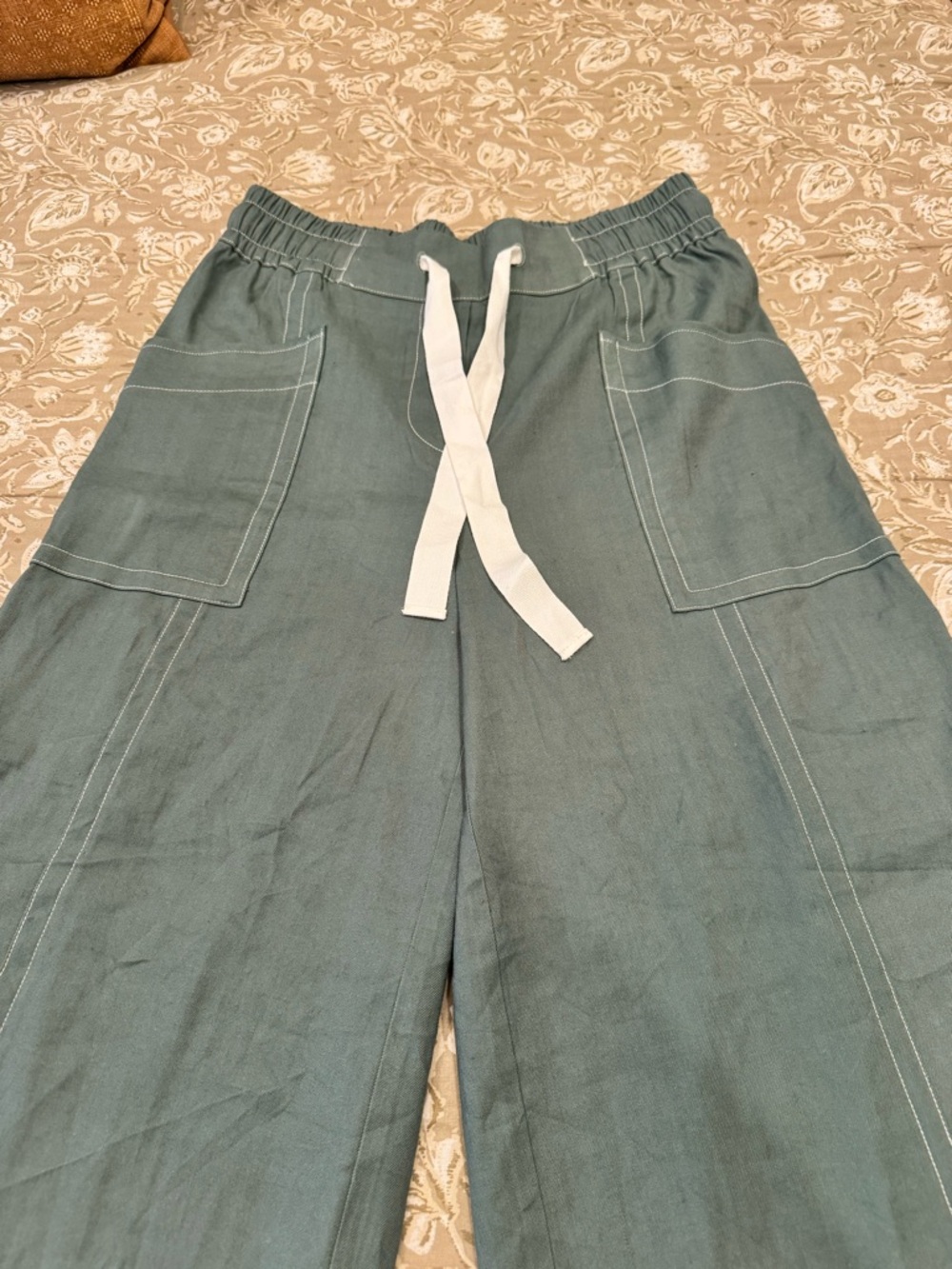 Maeve Wide-Leg Drawstring Pants in Sage Green
